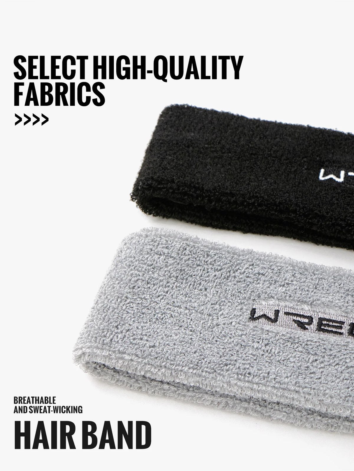 A black hair band and a gray hair band are shown, emphasizing high-quality fabrics for athletic use.