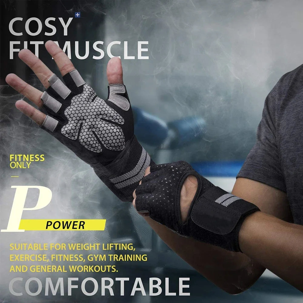 A hand wearing a black fitness glove is shown in a close-up, emphasizing its grip and wrist support for weightlifting.
