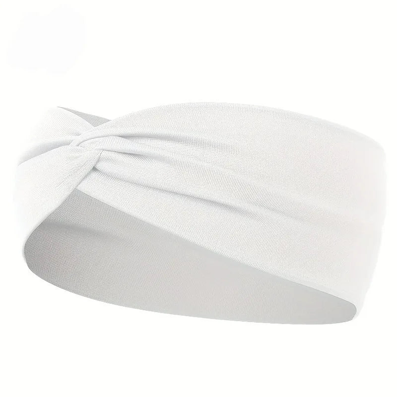 White knotted elastic sports headband worn on a head