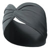 A gray fabric yoga headband tied in a large bow, shown against a black background.