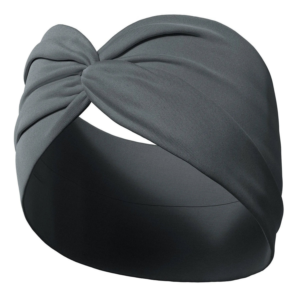 A gray fabric yoga headband tied in a large bow, shown against a black background.