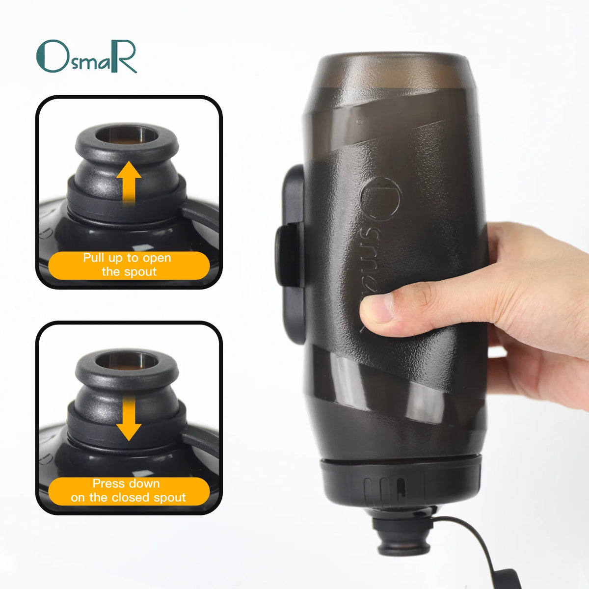 A dark gray magnetic quick-release bicycle water bottle with instructions for opening and closing the spout.