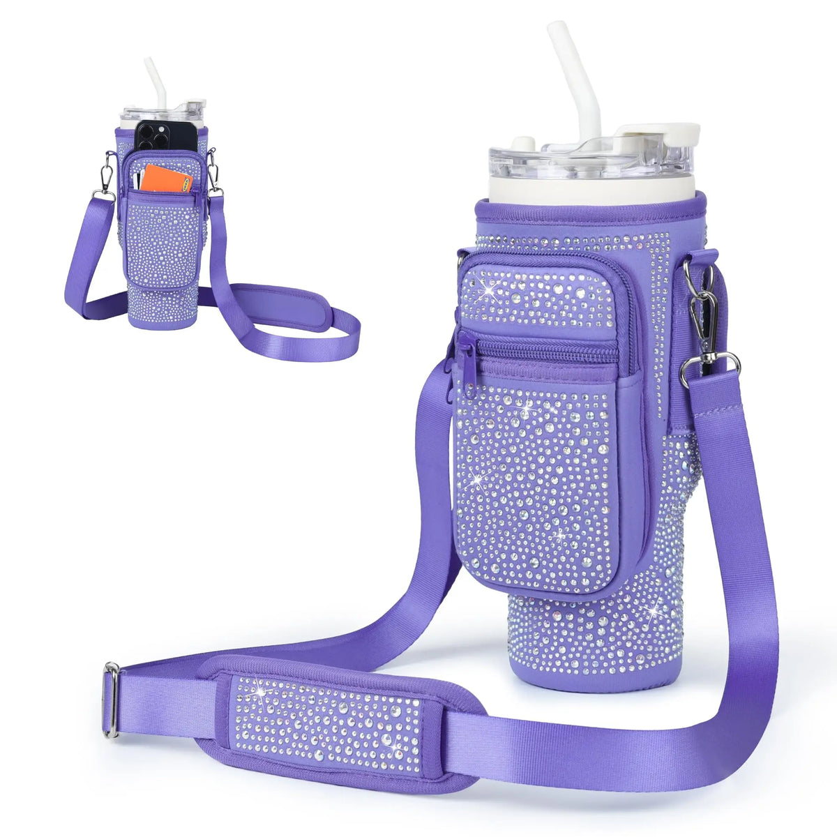 A purple diamond accent water bottle carrying pouch with a strap and straw visible.