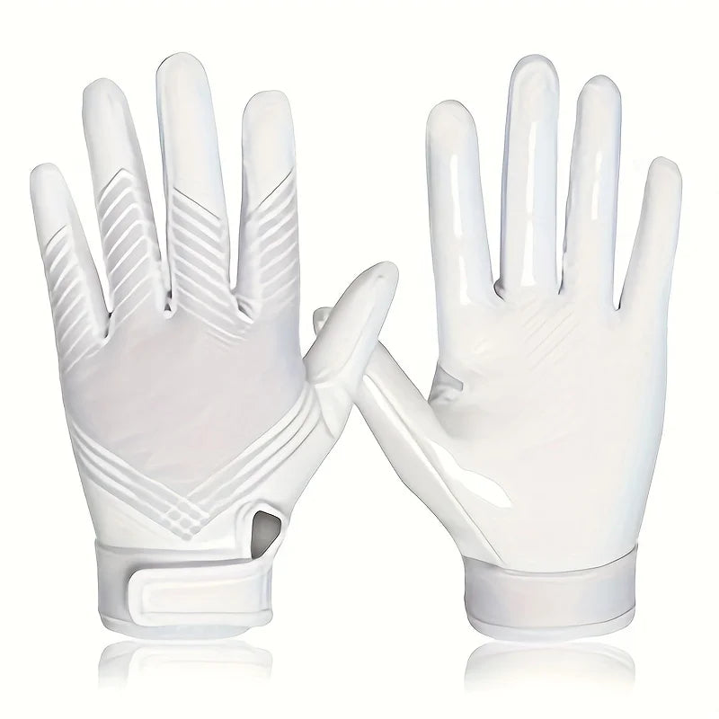 A pair of white full finger sports training gloves displayed against a white background.