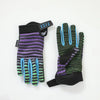 A pair of black and purple striped motorcycle or MTB gloves with neon green accents.