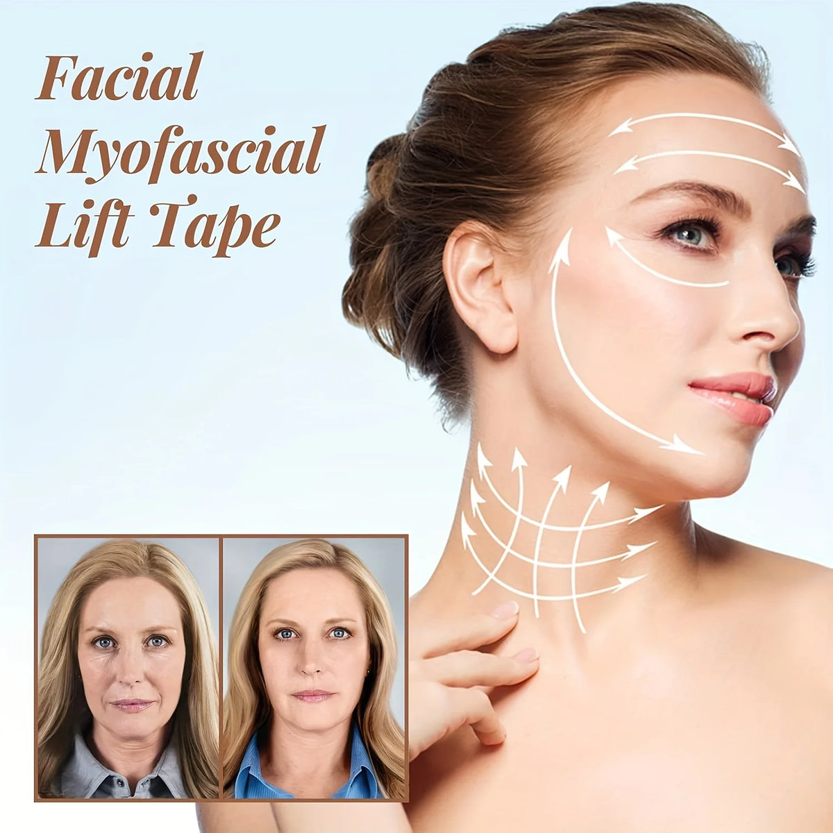 A woman applying a facial myofascial lift tape to her face and neck for wrinkle smoothing.