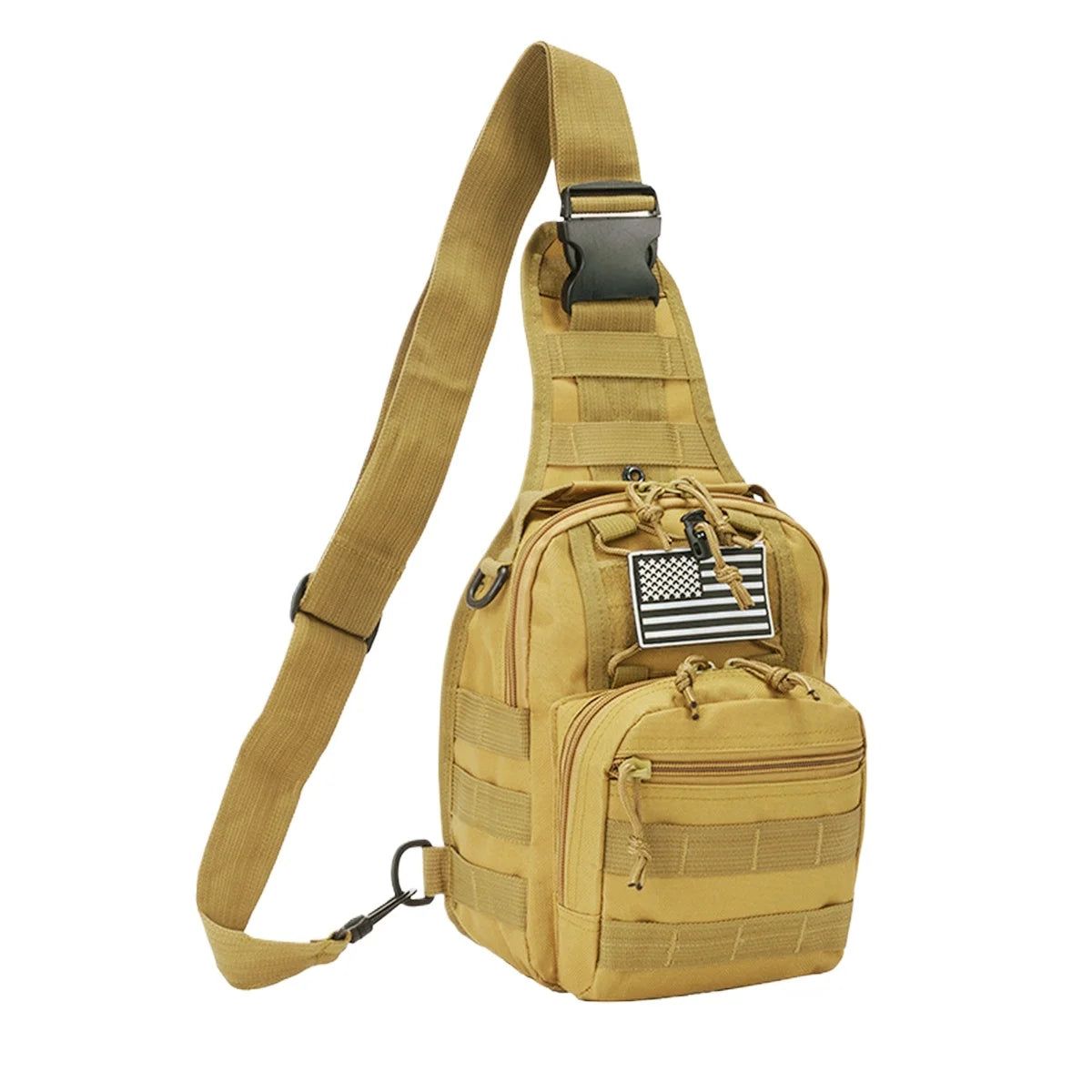 A tan tactical sling backpack with a black buckle and an American flag patch on the front.