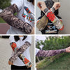 Close-up shots of various UV protection tattoo arm sleeves worn by individuals.