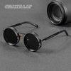 Lunettes de soleil noires polarisées réglables et occultantes, avec une lentille visible, posées sur une surface gris foncé.