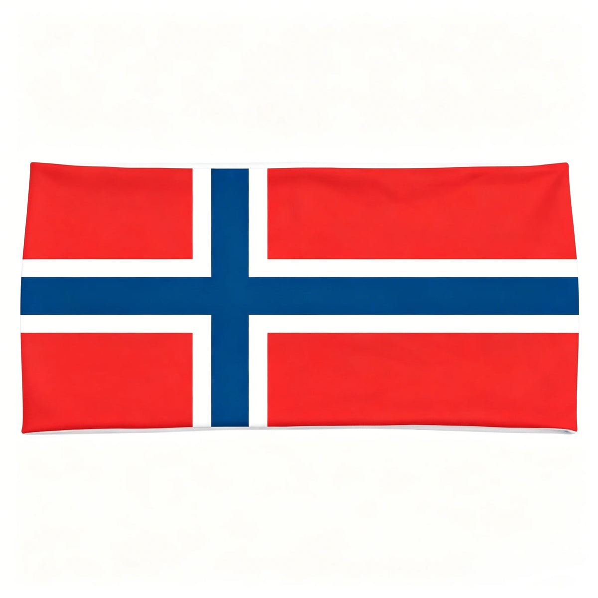 Un drapeau rouge avec un motif de croix nordique bleue.