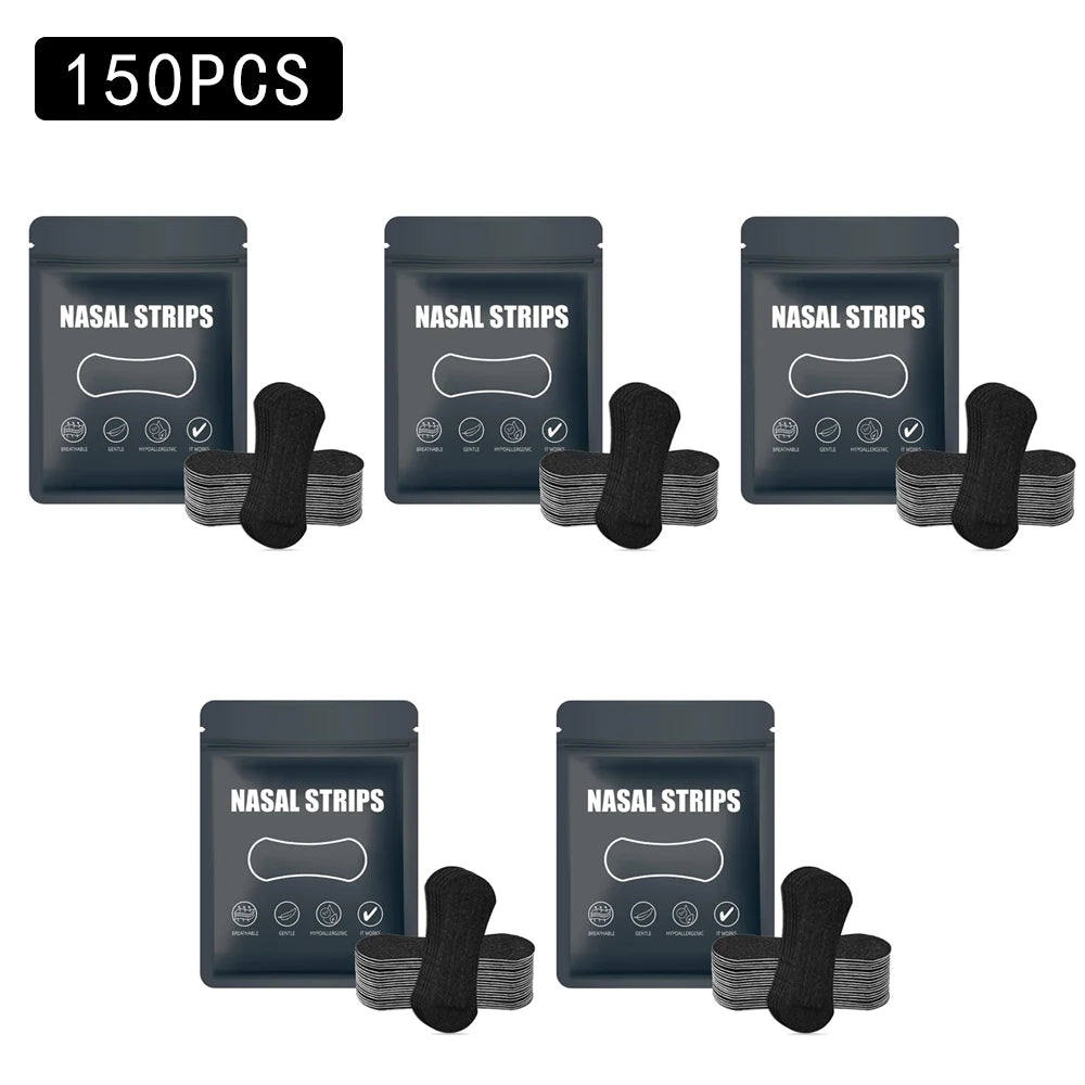Pack of 150 pairs of invisible anti-snoring nasal strips in dark gray packaging.