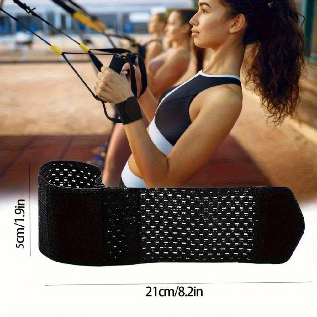 A woman is using ultra-thin wrist support straps for pain relief during exercise.