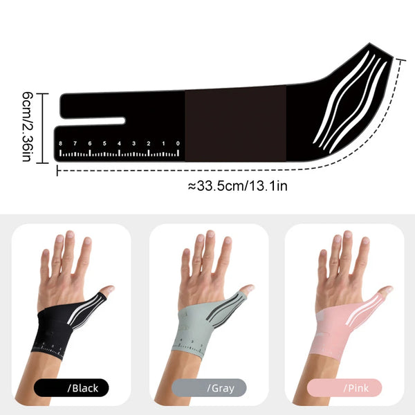 A black adjustable thumb and wrist brace shown with various color options.