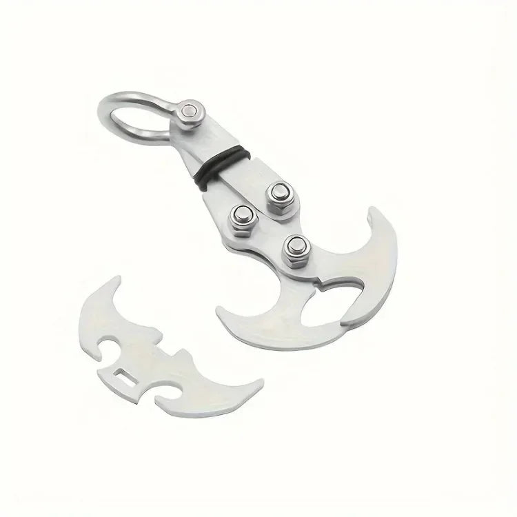 Stainless steel folding grappling hook with a spring-loaded jaw and a curved hook blade.