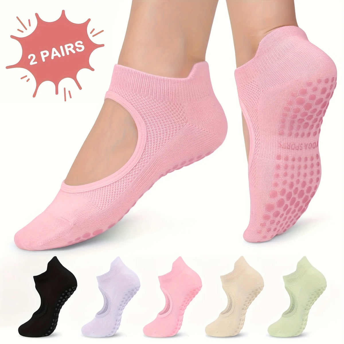 Two pairs of pink non-slip Pilates yoga socks shown on a foot and hand, with color options including black, purple, pink, bei