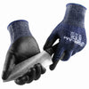 A pair of dark blue and black durable cut-resistant work gloves holding a silver knife.