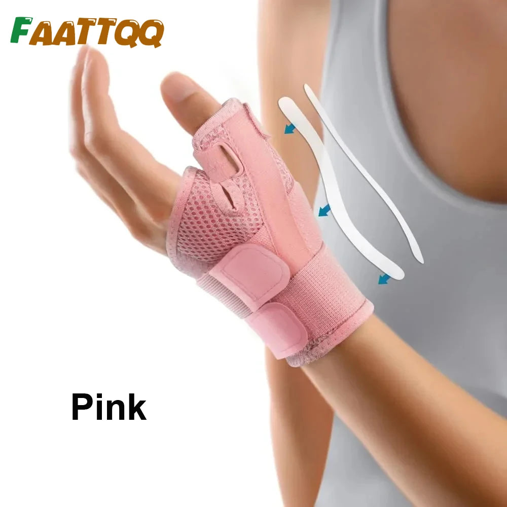 Pink flexible thumb splint wrist brace worn on a hand for joint support.