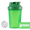 A bright green leak-proof shaker bottle with a green cap and a silver mesh accessory.