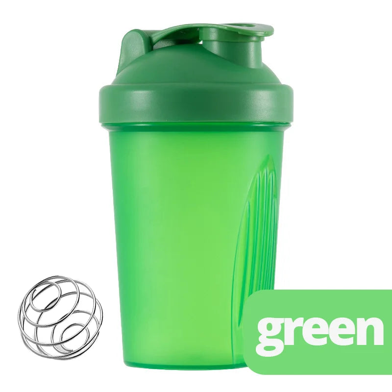 A bright green leak-proof shaker bottle with a green cap and a silver mesh accessory.