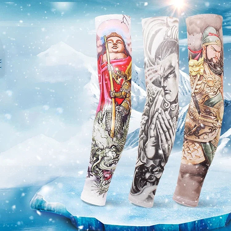 Three long arm sleeves featuring traditional Asian artwork and designs for sun and heat protection