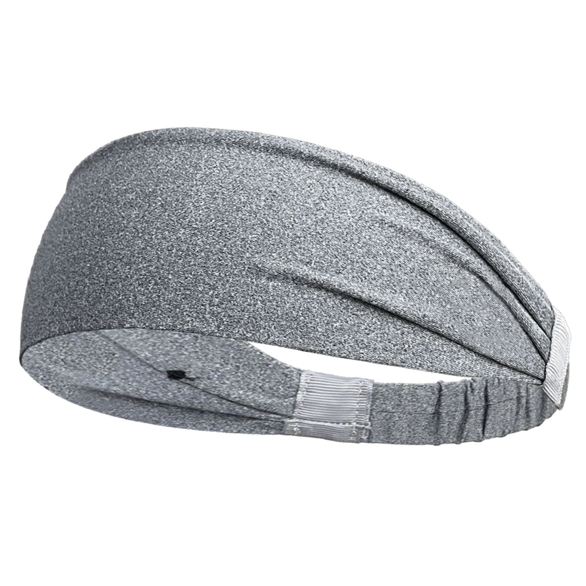 Un bandeau de sport élastique gris est montré sur un fond blanc.