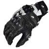 Black and white racing genuine leather motorcycle riding gloves shown from above