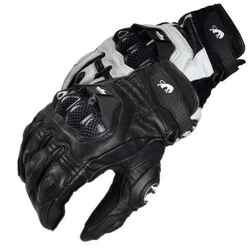 Black and white racing genuine leather motorcycle riding gloves shown from above