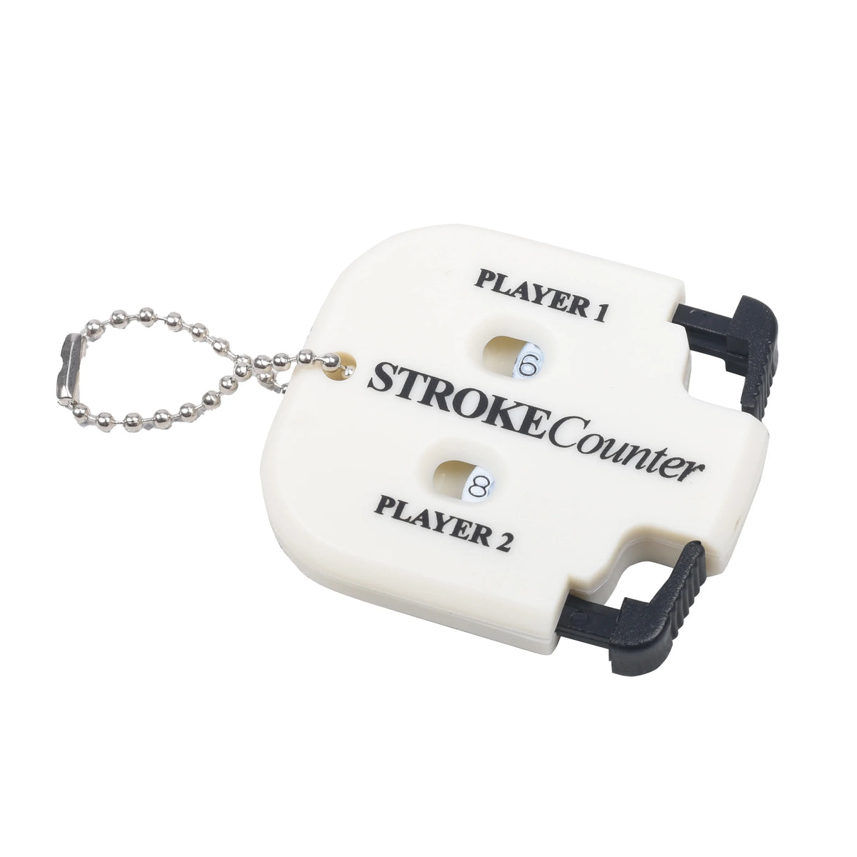 A white portable golf score counter device with slots labeled Player 1 and Player 2.