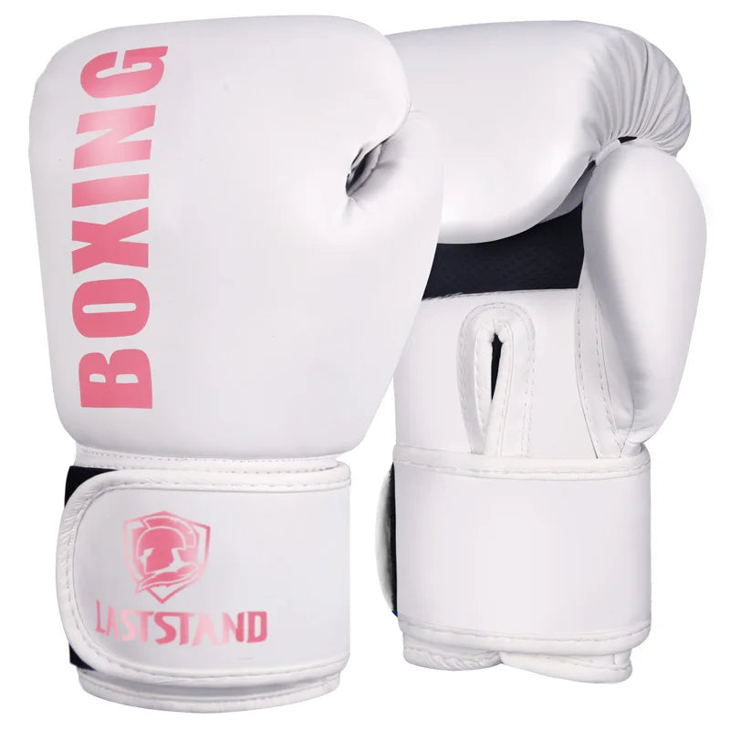 A pair of white PU leather boxing gloves with pink lettering and a logo on the wrist strap.