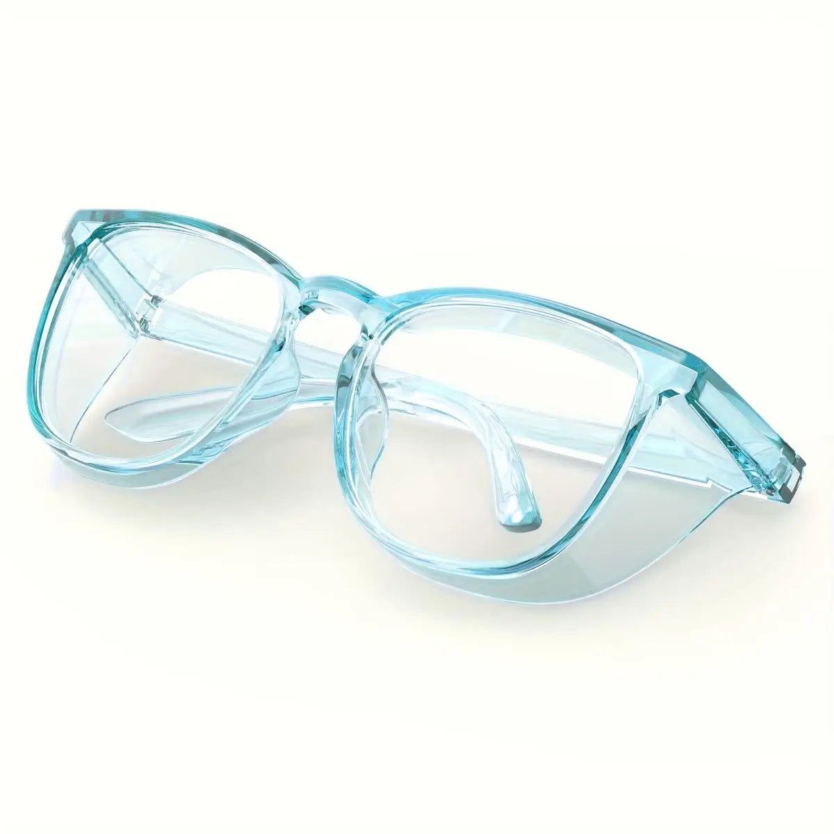 Klare Anti-Fog-Schutzbrille mit hellblauen Rahmen, von der Seite gezeigt.