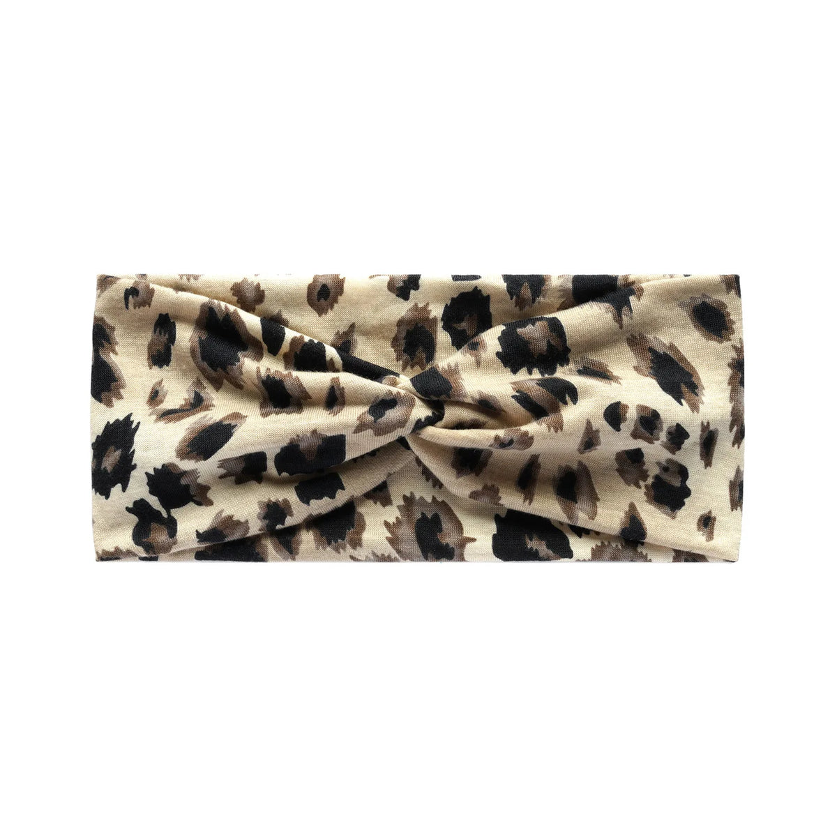 A beige and black leopard print fabric headband tied in a bow.