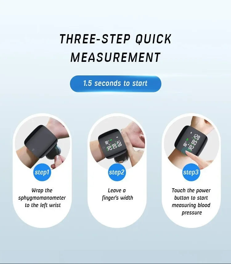 Three-step quick measurement guide showing how to use a digital wrist blood pressure monitor.