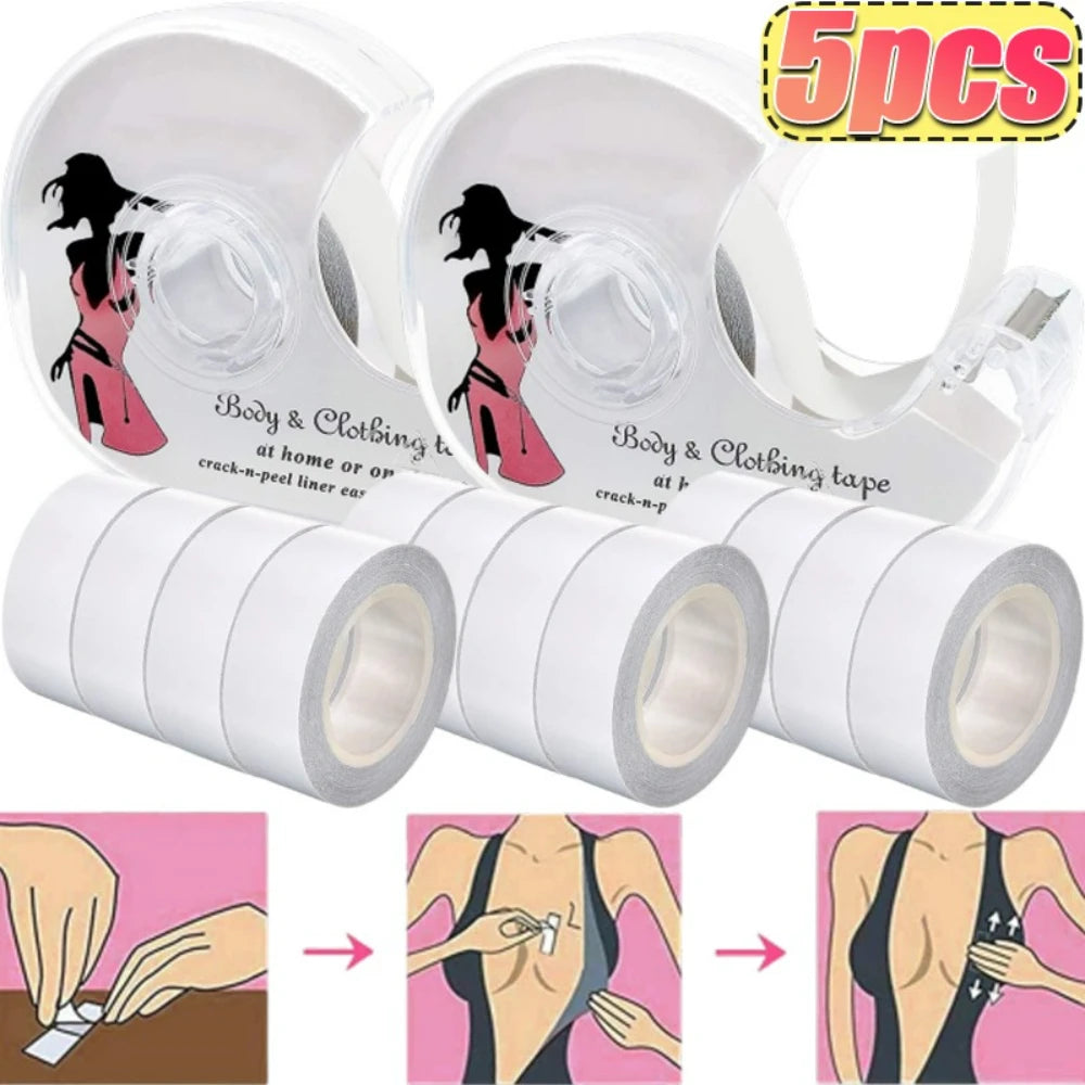 Pack of five rolls of invisible double-sided fashion tape for body and clothing