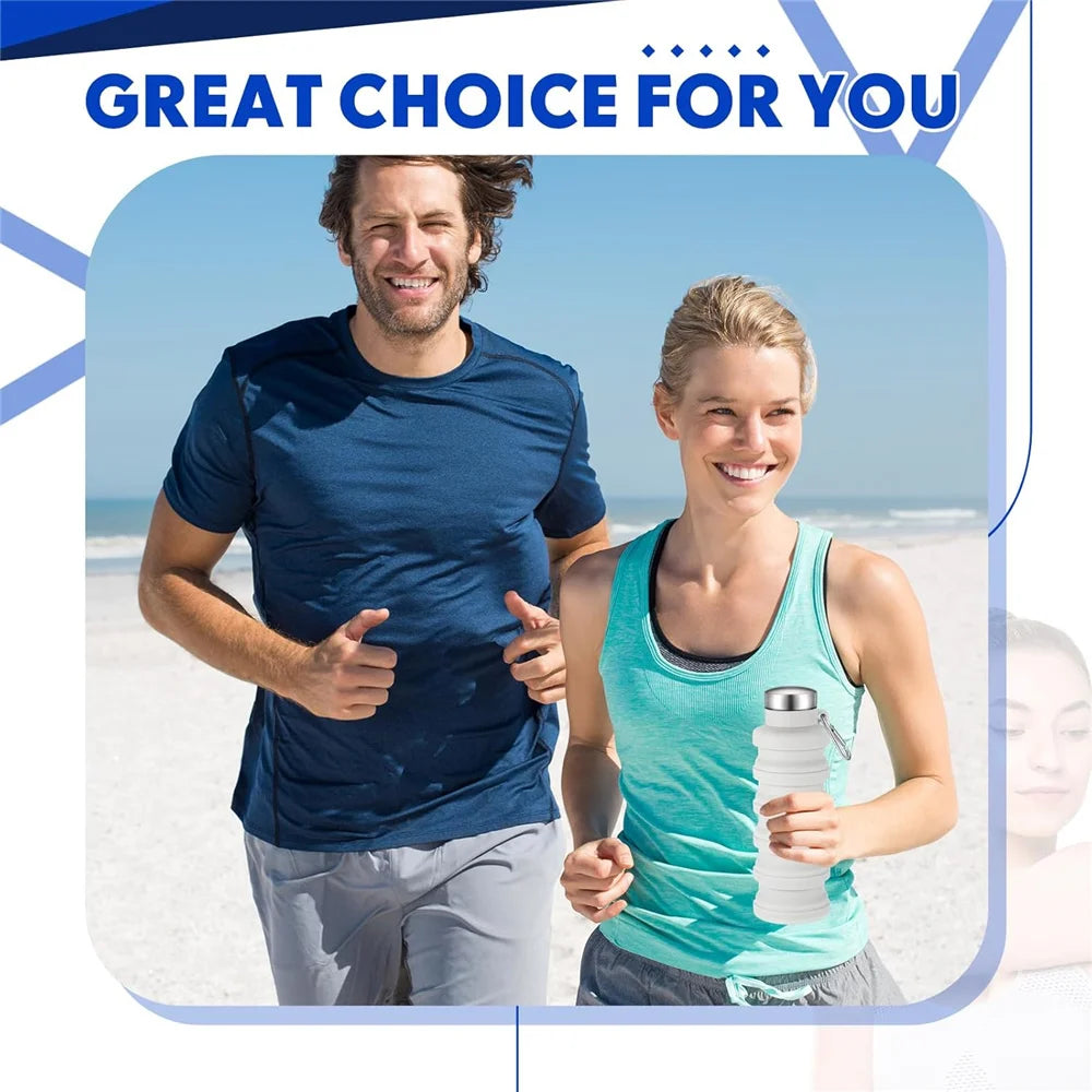 A man and a woman smiling while holding a collapsible silicone travel water bottle outdoors.