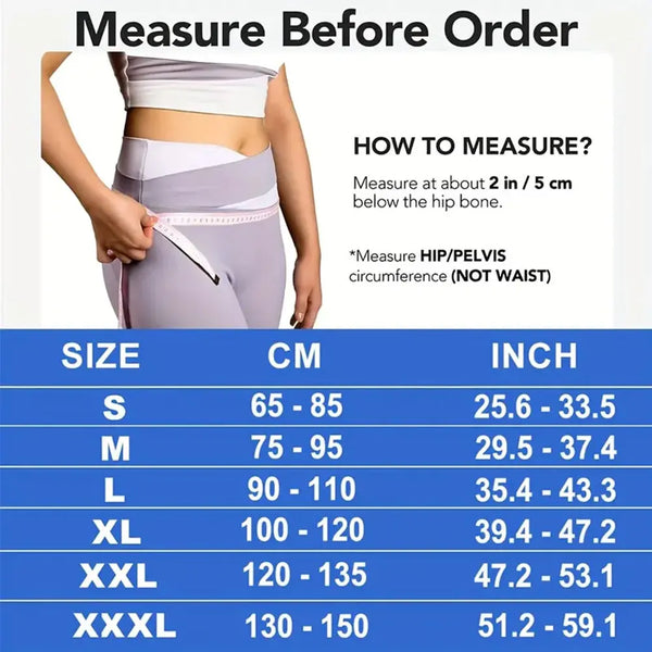 A woman demonstrates how to measure for an adjustable lower back pain support belt