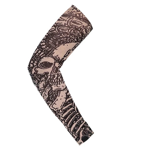 A black and beige patterned sun protection breathable arm sleeve shown in a curved shape.
