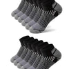 A stack of black and gray athletic knit ankle socks displayed diagonally.