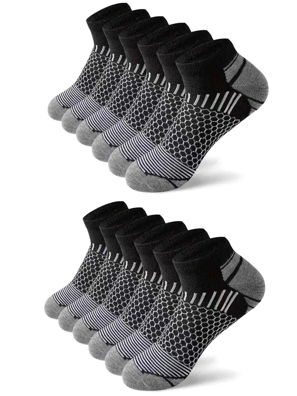A stack of black and gray athletic knit ankle socks displayed diagonally.