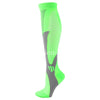 A bright lime green compression sock with a gray design, shown vertically.