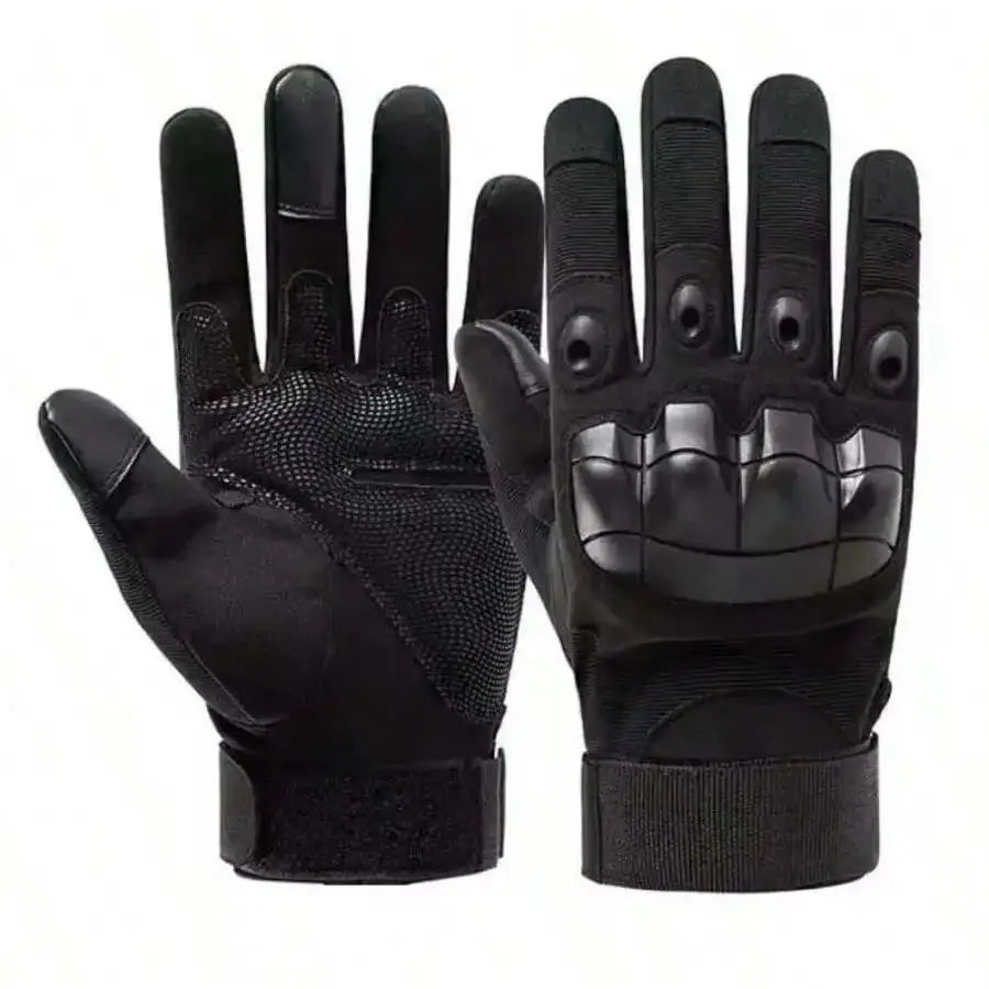 A pair of black breathable motorbike riding gloves shown against a white background.