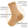 A tan compression ankle support brace shown on a foot, highlighting ergonomic design features.