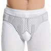 White hernia support belt worn around the waist and groin area.