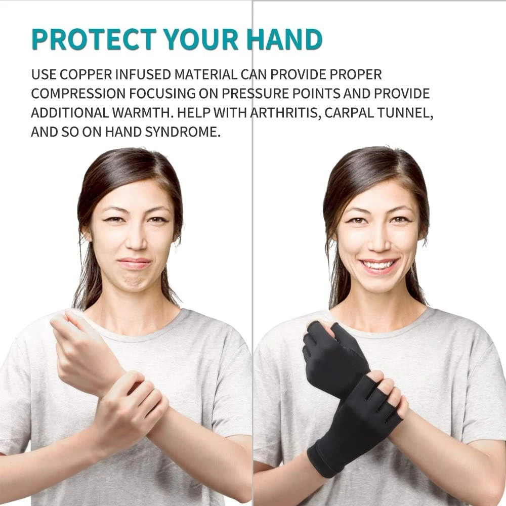 A woman is shown wearing black copper infused compression wrist support gloves on her hand.