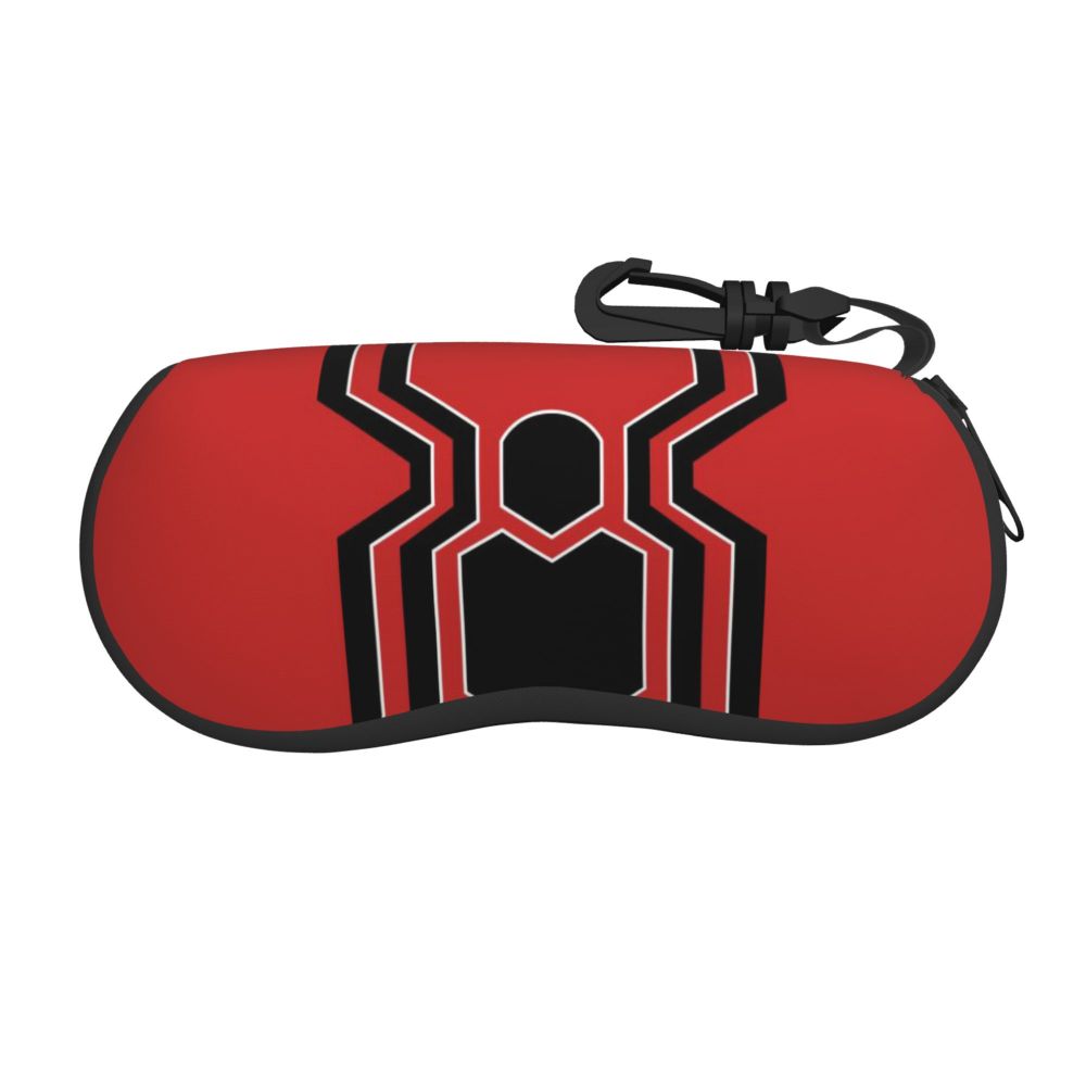 A red pouch with a black spider web design and a black strap.