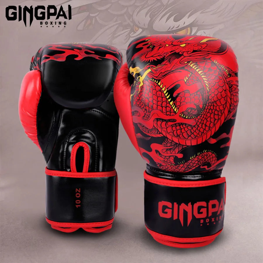 Ein Paar rote und schwarze professionelle Boxhandschuhe mit Drachendesign an den Knöcheln.