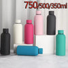 A collection of double-layer vacuum thermos cups in pink, black, and teal colors are displayed on a white surface.