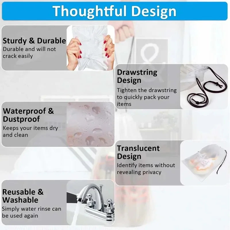 A collage showing features of reusable drawstring storage bags including sturdy design, waterproof and dustproof properties, 