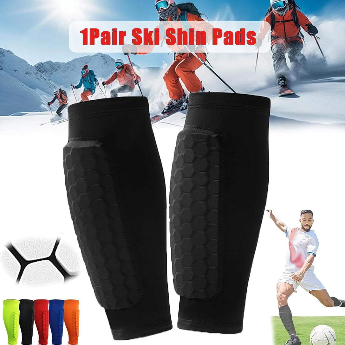 A pair of black ski shin pads are shown against a snowy mountain backdrop with skiers.