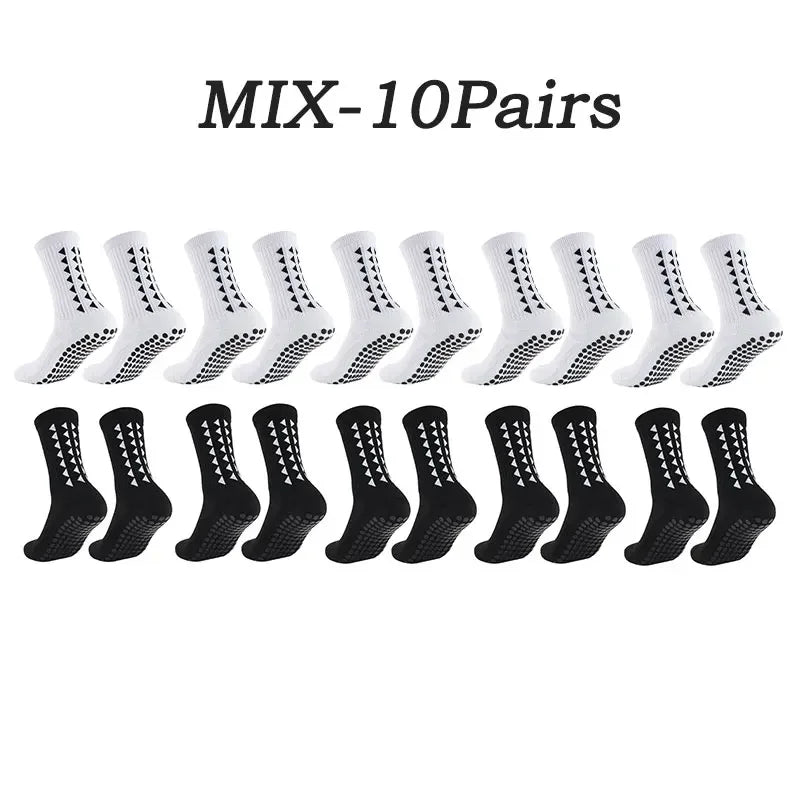 A set of ten pairs of white athletic grip socks for multi-sport use.