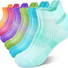 A variety of colorful breathable mesh ankle socks are displayed in a row.